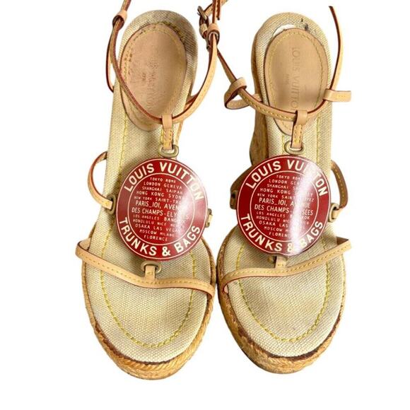 RARE LOUIS VUITTON SANDLAS TRUNK COLLECTION ESPADRILLE WEDGE‎ SANDALS 8/38 - Picture 1 of 8